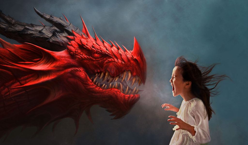Red dragon breathing his breath on tween age girl