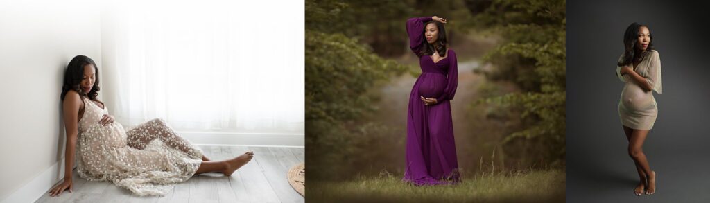 expecting mother using three different sets for her maternity photos