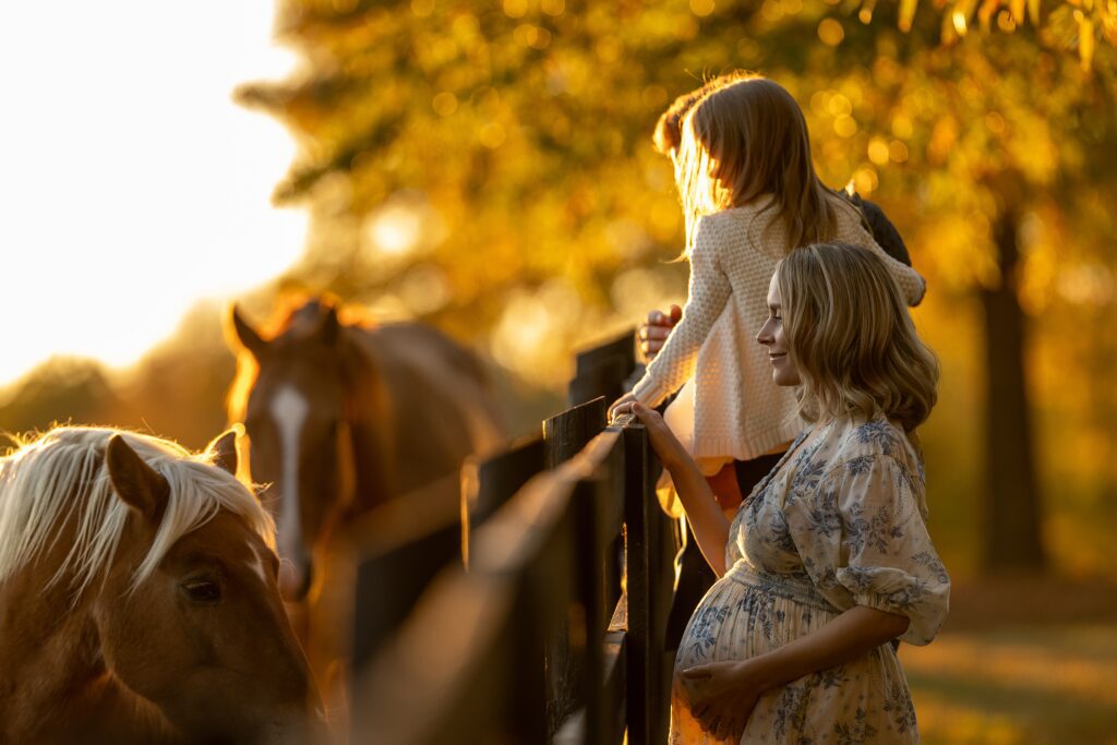 expecting Charlotte mother with horses in late evening light